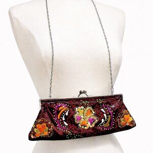 INS Embroidered Burgundy Evening Clutch – Beaded Kiss-Lock Satin Bag